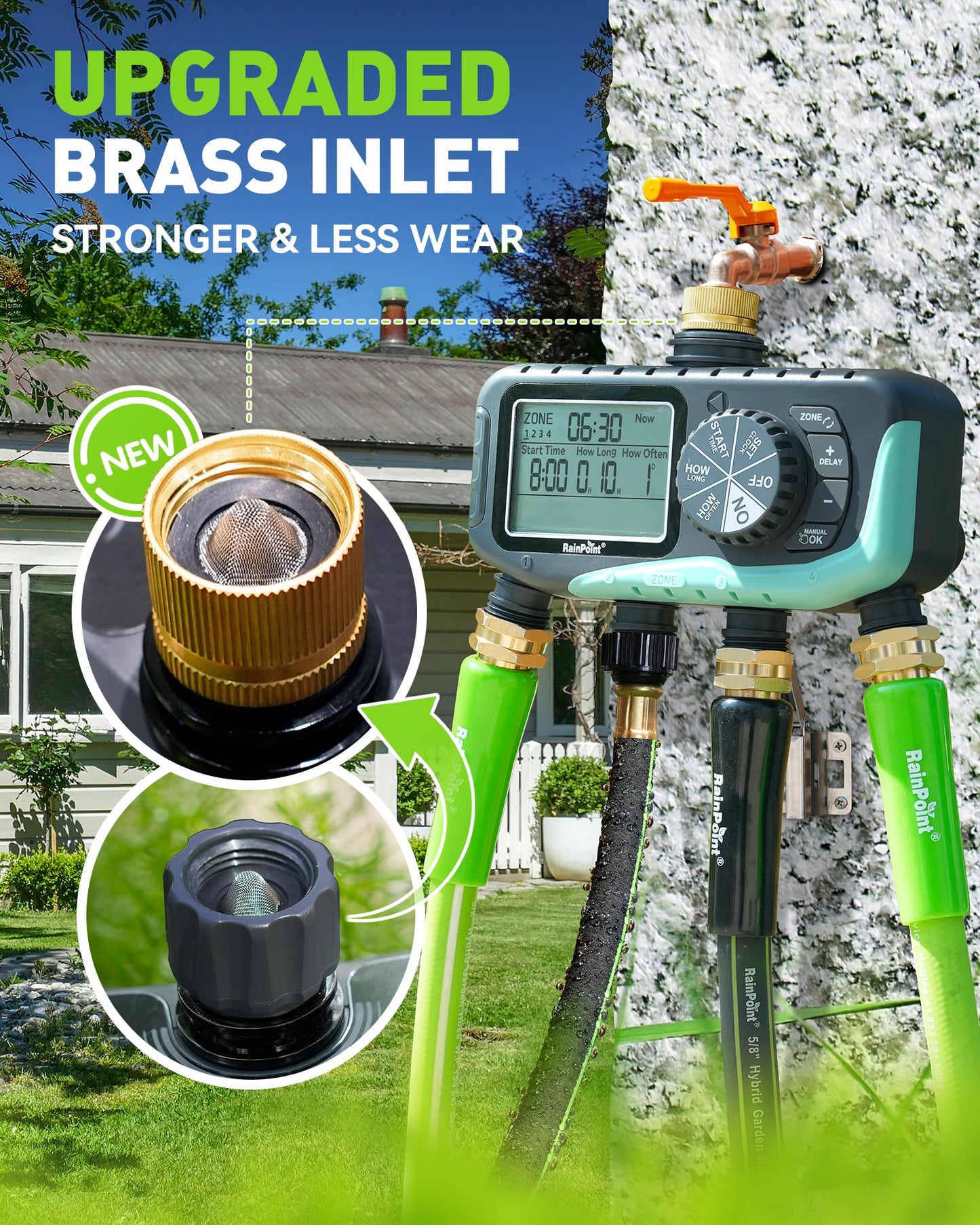 RAINPOINT 4-Zone Sprinkler Timer, 2027 New Version 4 Outlets Hose Water Timer, Automatic Irrigation Controller with Rain Delay & Manual Mode for Lawn & Garden Irrigation