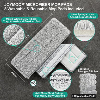 JOYMOOP Wischmopp und Eimer mit Auswringsystem, Freihand-Flachmopp und Eimer, mit 3 waschbaren Mikrofaserpads, Nass- und Trockengebrauch, Bodenreinigungssystem