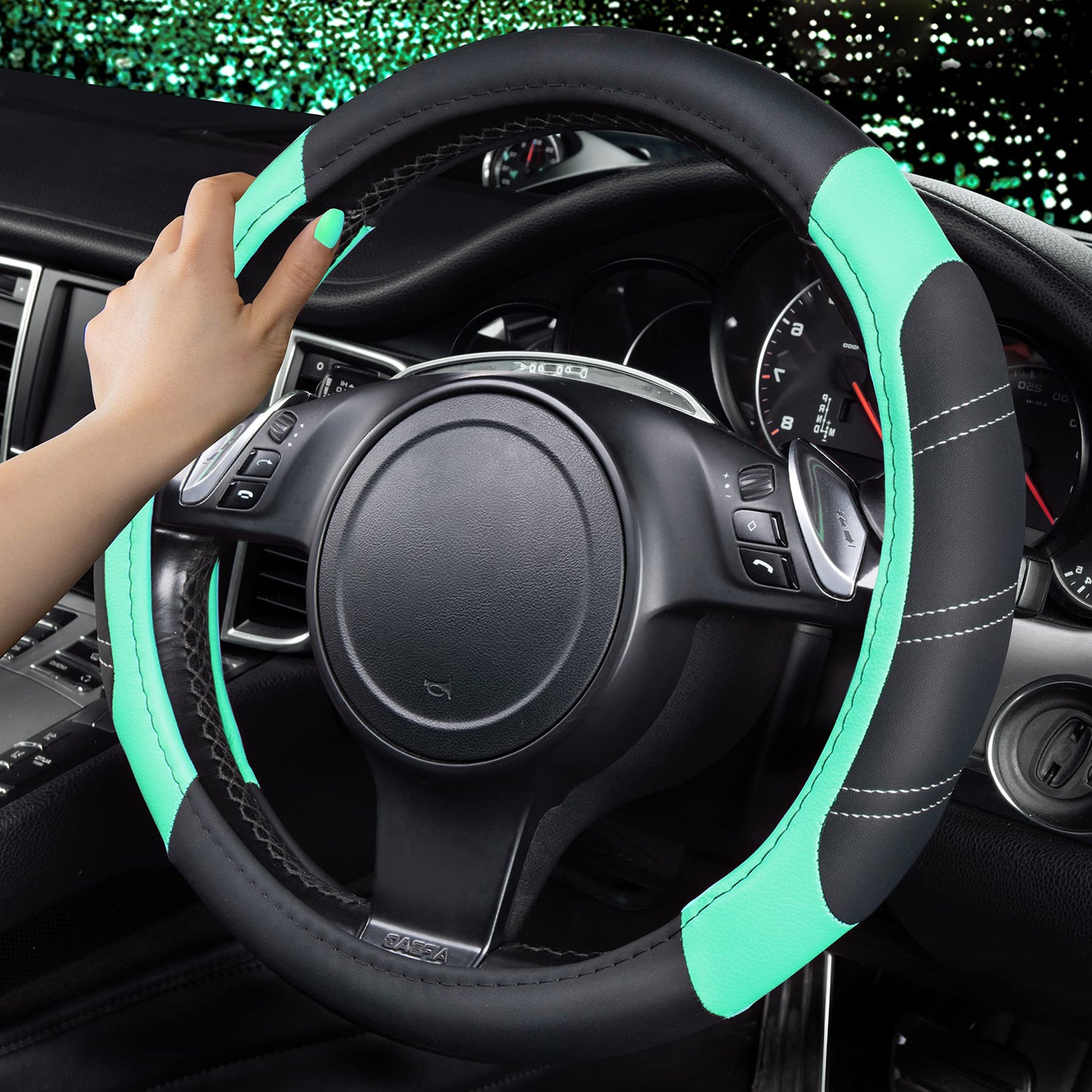 CAR PASS Line Rider Mikrofaser-Leder Sportlicher Lenkradbezug Universal Passend für 95% LKW, SUV, PKW, 36,8-38,1 cm Rutschfest Sicher Bequem Design (Schwarz-Grau)