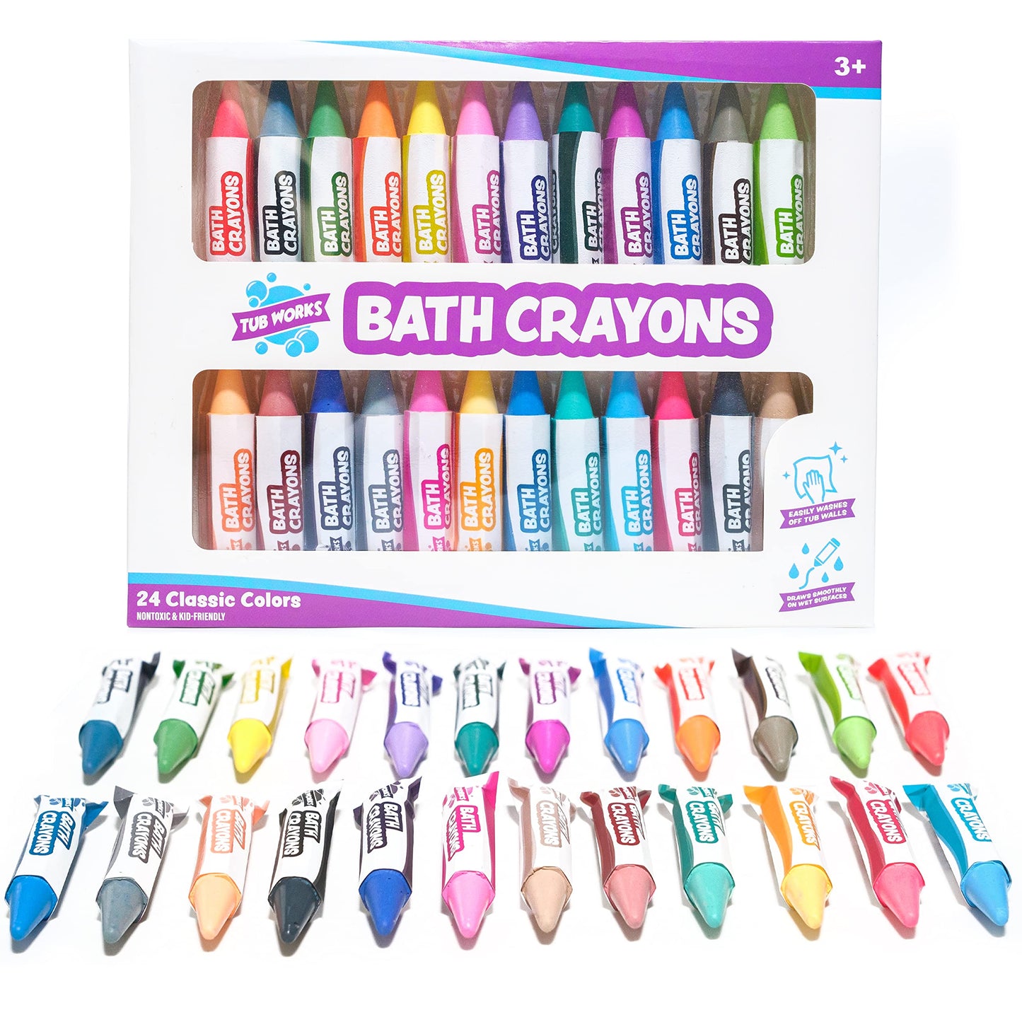 Tub Works® Smooth™ Bath Crayons Bath Toy, 12 Pack | Nontoxic, Washable Bath Crayons for Toddlers & Kids | Unique Formula Draws Smoothly & Vividly on Wet & Dry Tub Walls | Hexagon Grip Bathtub Crayons