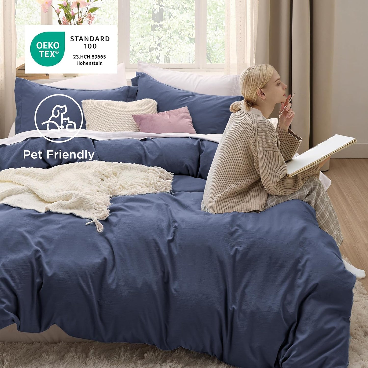 Funda nórdica blanca Bedsure, tamaño Queen, 3 piezas, aspecto de algodón prelavado, juego de cama extrasuave, incluye 1 funda nórdica de 228 x 228 cm con cierre de cremallera y 2 fundas de almohada, edredón no incluido
