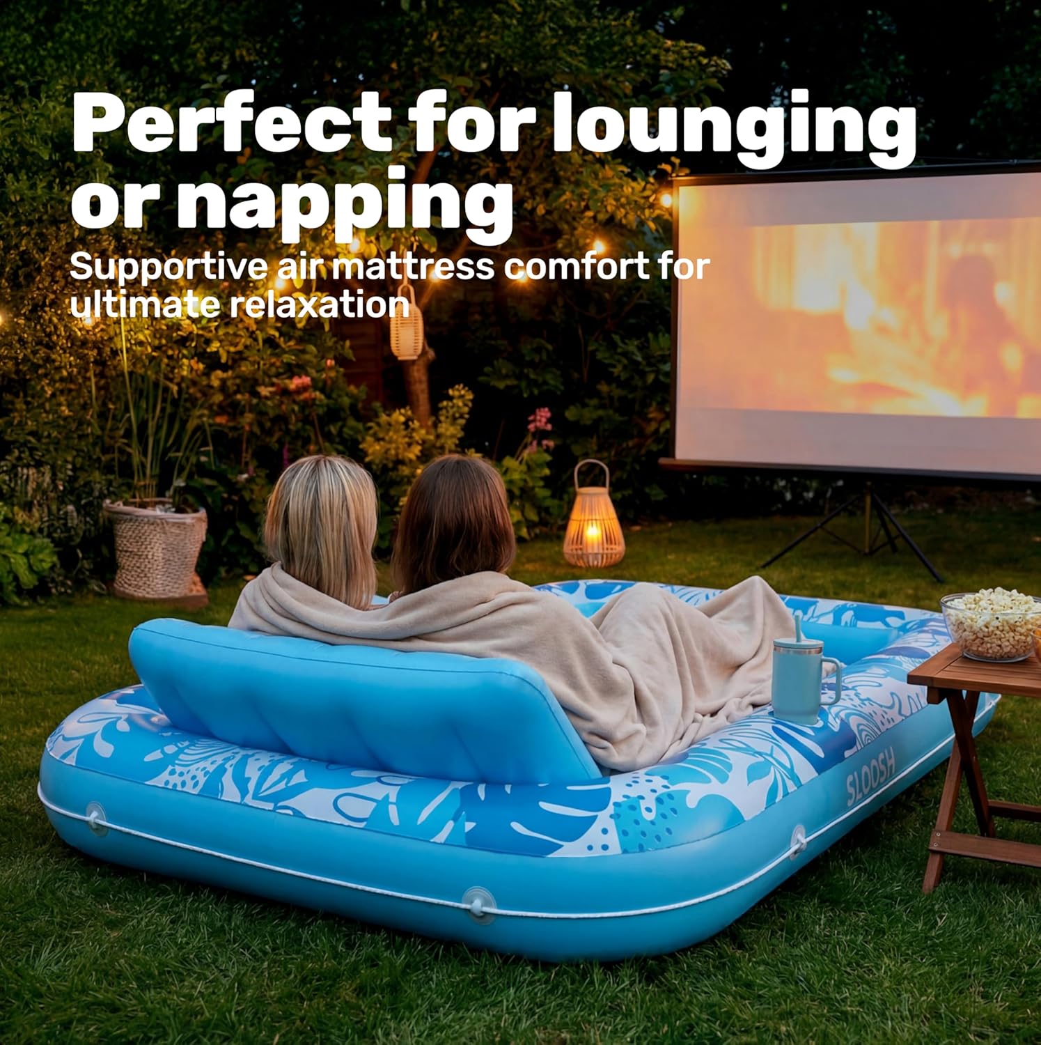 SLOOSH Inflatable Tanning Pool Lounger Float, 85" x 57" Extra Large Pool Floats Adult with Pillow, 4 in 1 Suntan Tub Raft Floatie,Sunbathing Bed Lounge for Water Blow Up Ball Pit Party Gifts, XL-Blue