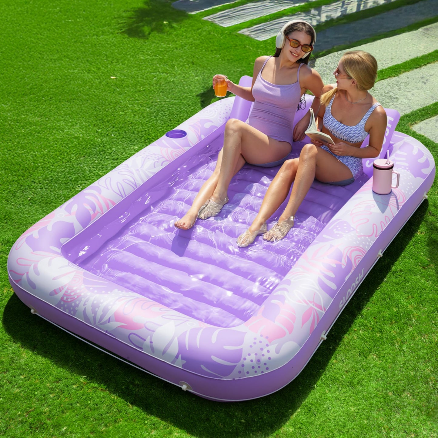 SLOOSH Inflatable Tanning Pool Lounger Float, 85" x 57" Extra Large Pool Floats Adult with Pillow, 4 in 1 Suntan Tub Raft Floatie,Sunbathing Bed Lounge for Water Blow Up Ball Pit Party Gifts, XL-Blue