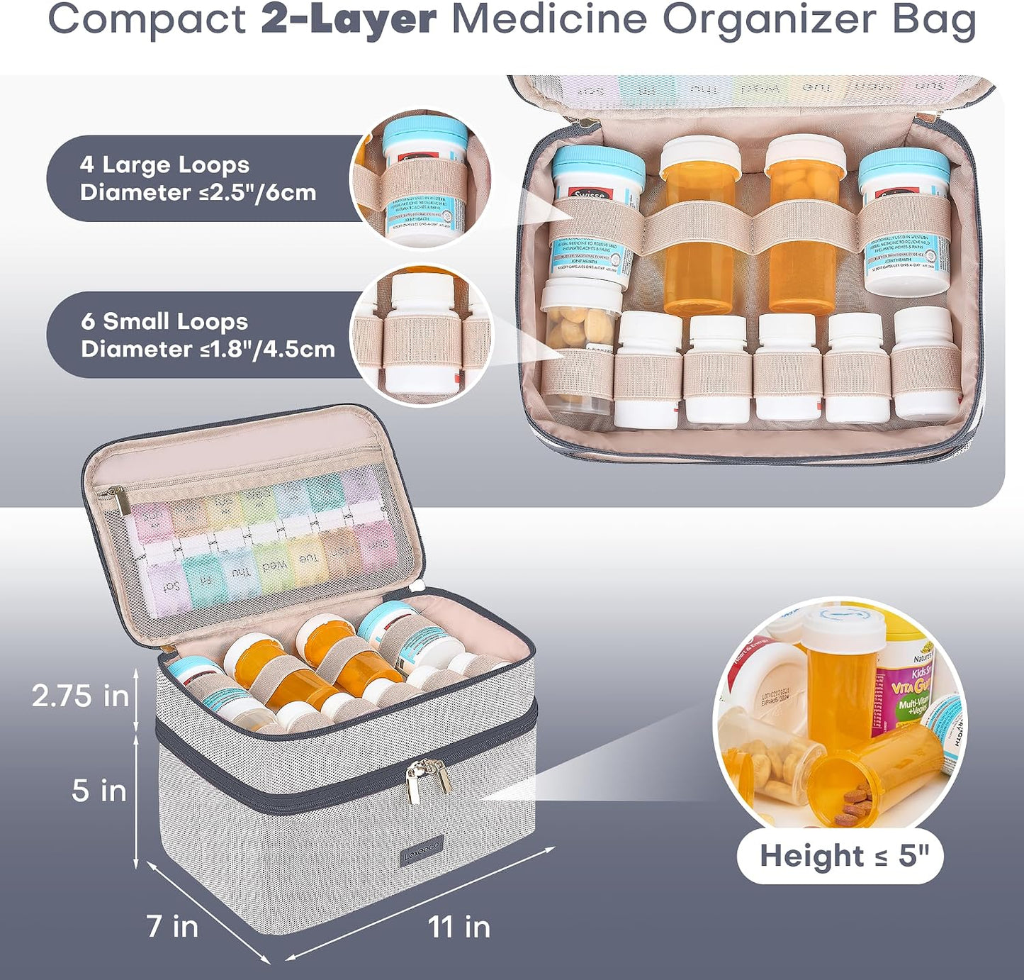 Lexeeco Medicine Bag for Traveling, Dual Layers Medicine Pill Organizer Medication Pill Bottle Storage with Lockable Zipper, Medical Supplies First Aid Kit,Home Storage for Pills, Vitamins (Dark Grey)