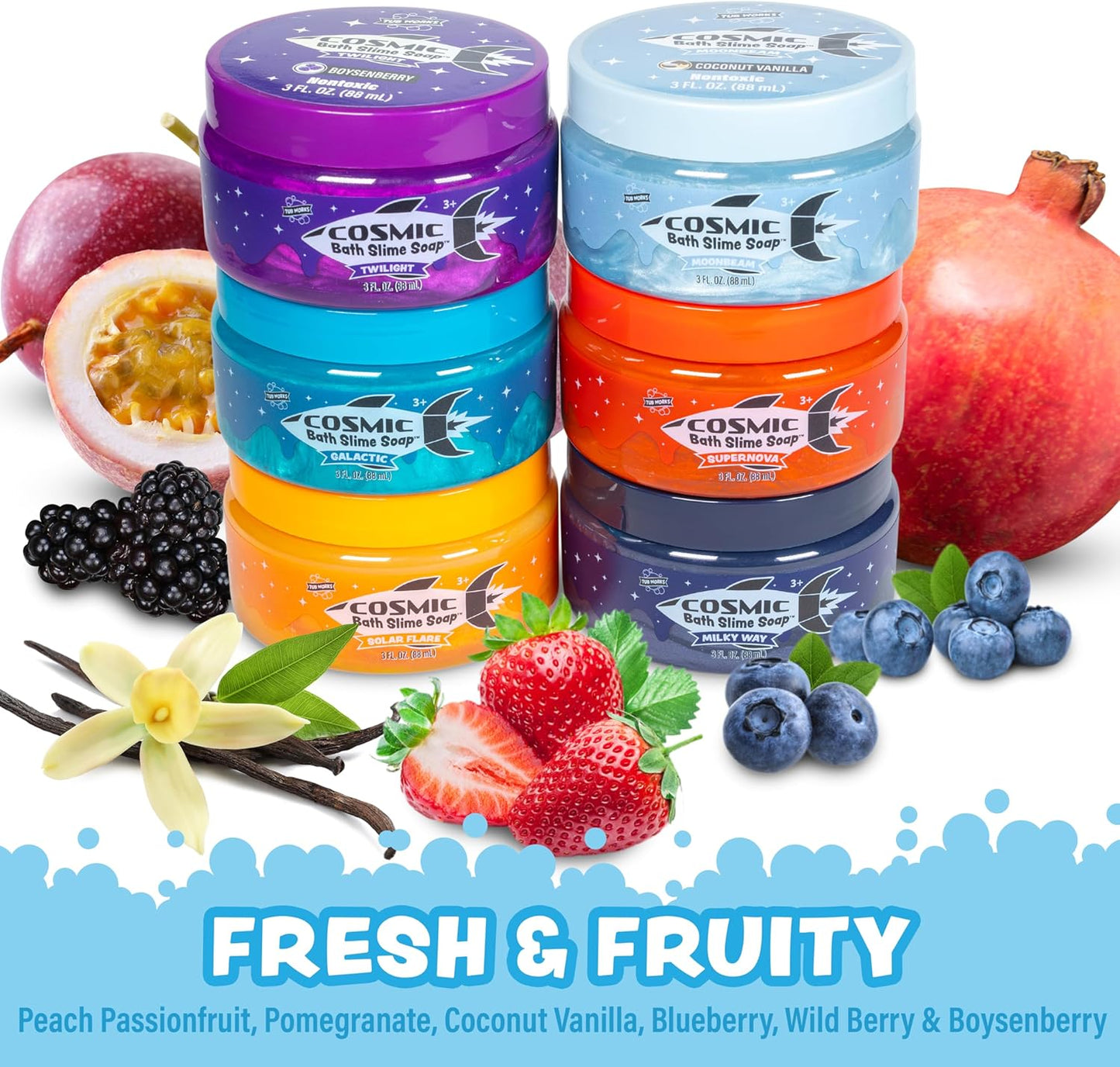 Tub Works™ Cosmic Bath Slime™ Kinderseife Badespielzeug, 6er-Pack | Dehnbare, matschige Schleimseife für Kinderbad | Frische,, fruchtige Düfte | Ungiftig | Sensorisches Spielzeug für Kinder & Kleinkinder