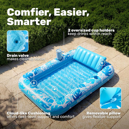 SLOOSH Inflatable Tanning Pool Lounger Float, 85" x 57" Extra Large Pool Floats Adult with Pillow, 4 in 1 Suntan Tub Raft Floatie,Sunbathing Bed Lounge for Water Blow Up Ball Pit Party Gifts, XL-Blue
