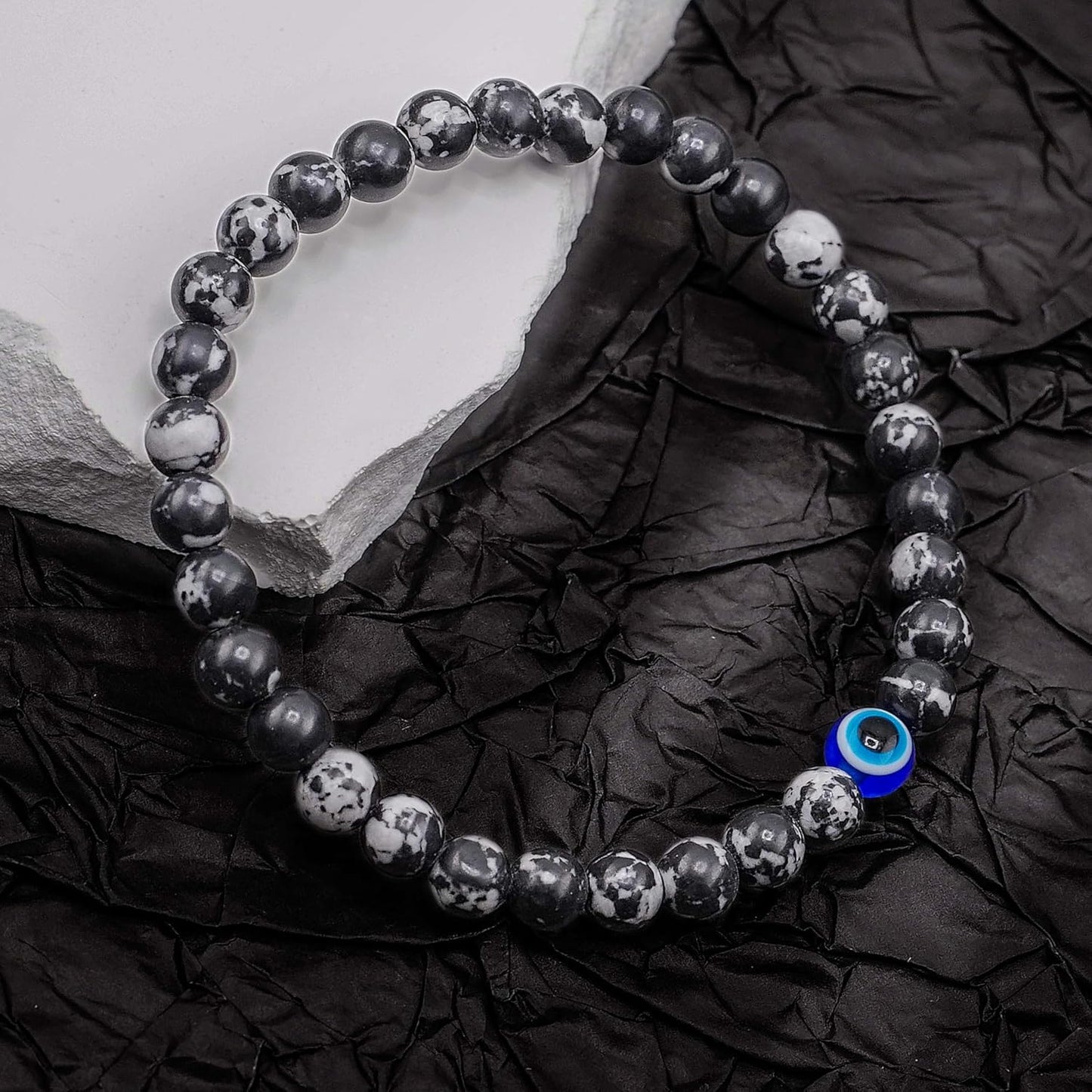 6 mm Böses Auge Armband aus schwarzen Kristallen – verstellbares Set aus Natursteinen für Herren und Damen, Schutzamulett als Geschenk für den Alltag/Geburtstag/Jahrestag