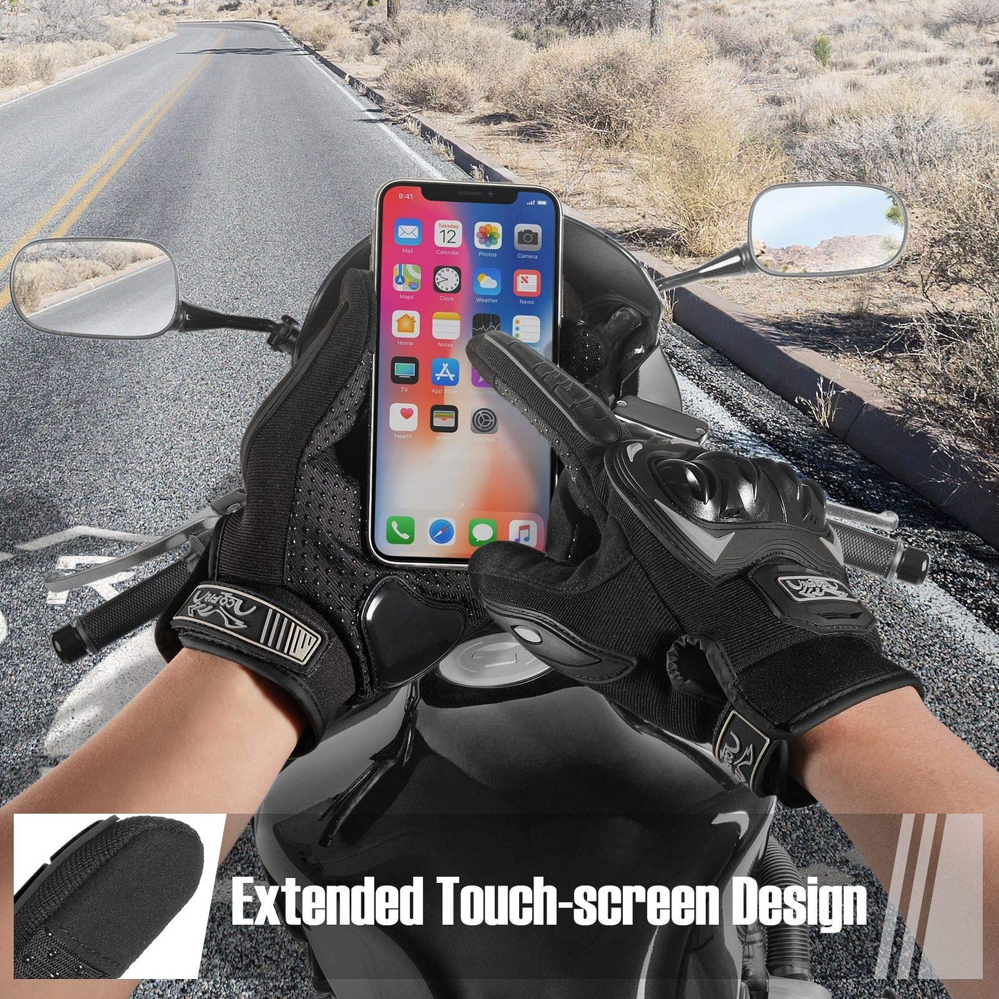 COFIT Motorradhandschuhe für Damen und Herren, Full-Finger Touchscreen Motorradhandschuhe für BMX ATV MTB Fahren, Straßenrennen, Radfahren, Klettern, Motocross – Schwarz L
