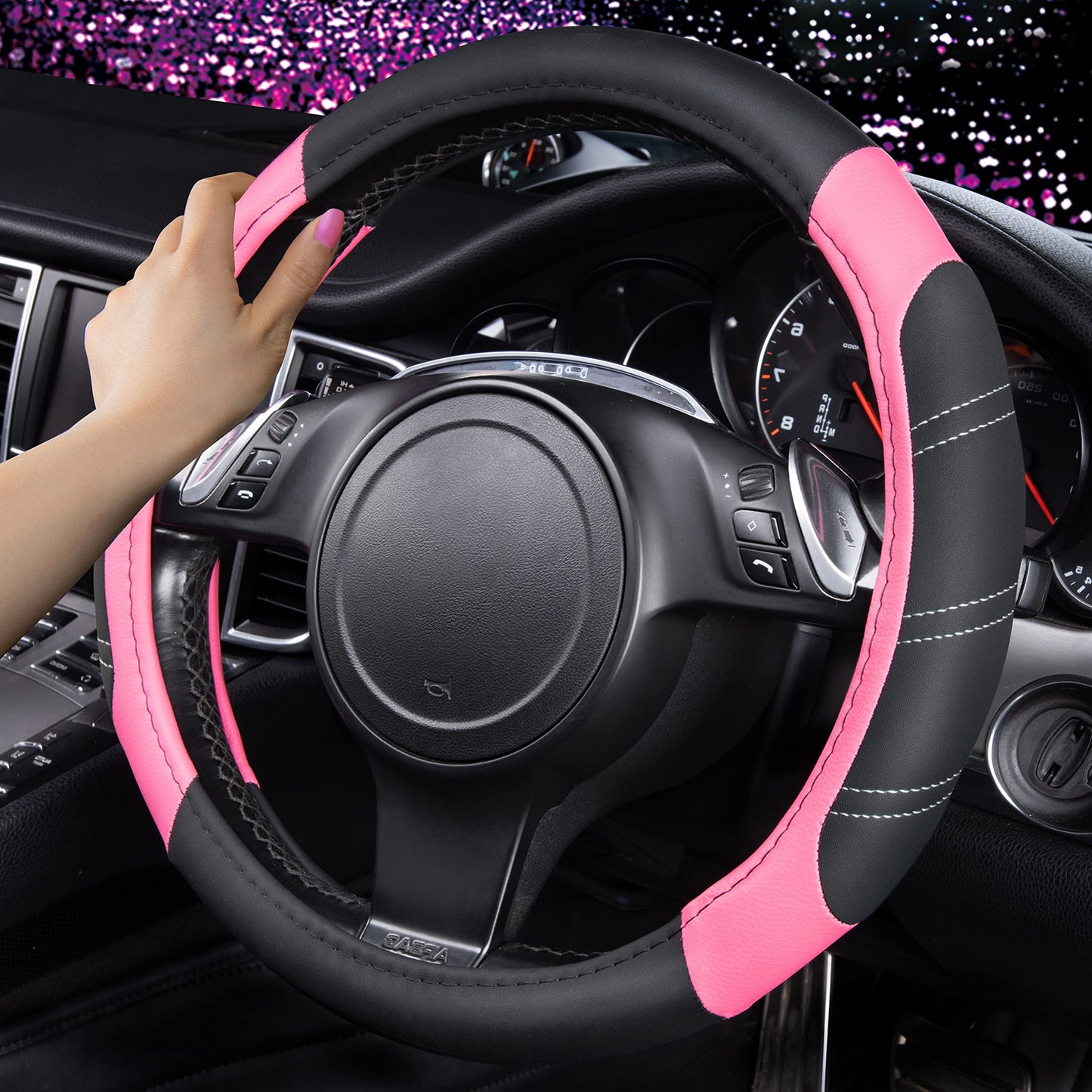 CAR PASS Line Rider Mikrofaser-Leder Sportlicher Lenkradbezug Universal Passend für 95% LKW, SUV, PKW, 36,8-38,1 cm Rutschfest Sicher Bequem Design (Schwarz-Grau)