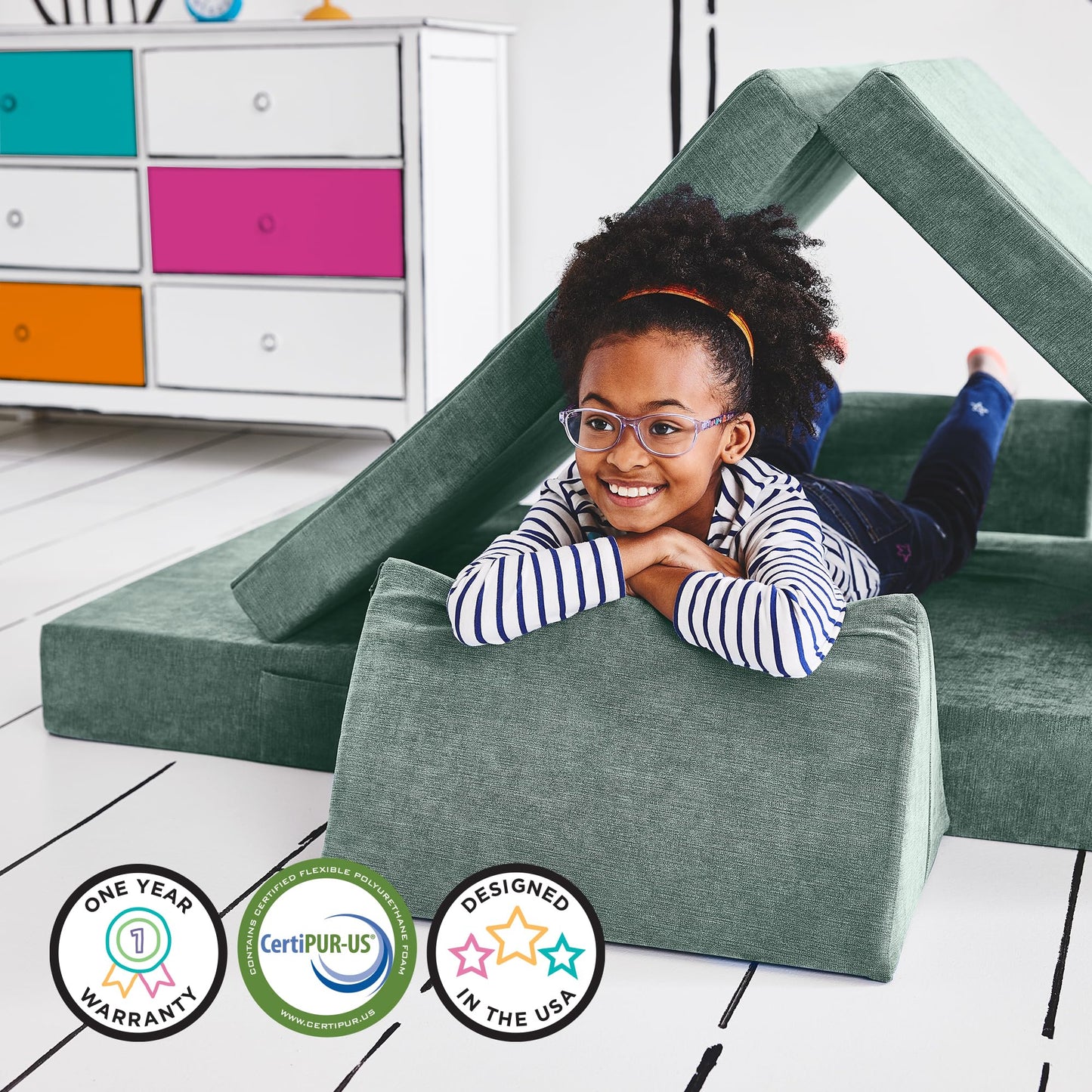 Yourigami Kids and Toddler Play Gym, Playroom Couch Set, Durable Modular Design, Green Meadows