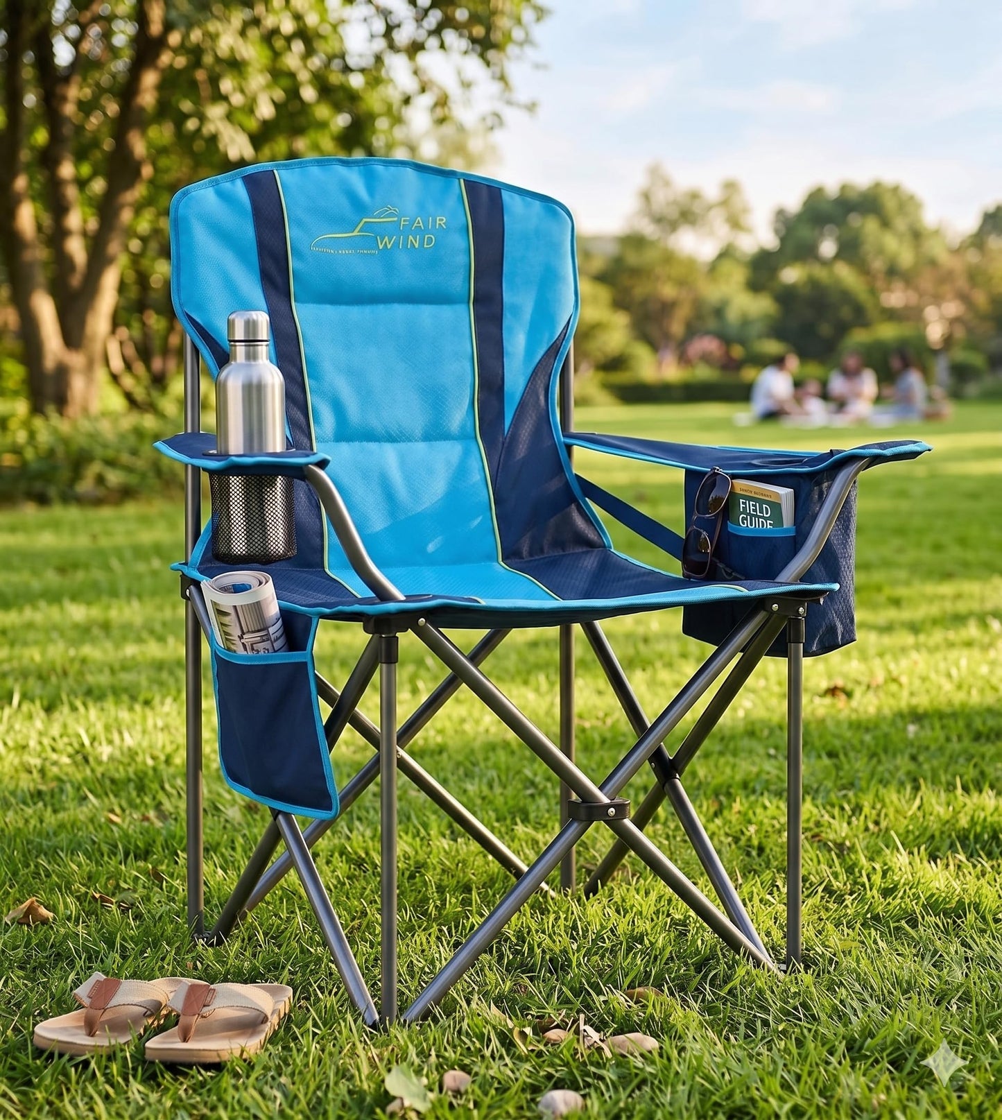 FAIR WIND Padded Camping Chair 500LBS Capacity Heavy Duty Oversized Folding Chair for Heavy People Portable Lawn Chair with Adjustable Lumbar Support, Cooler Bag & Cup Holder for Outdoor, Beach