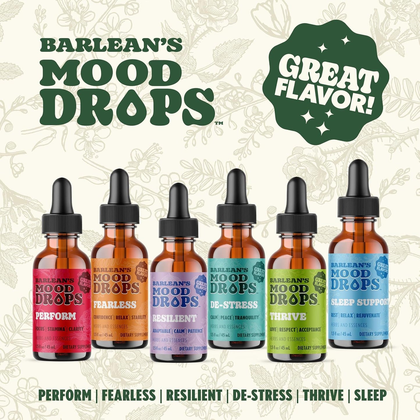 Barlean's Mood Booster Supplement Bundle, Perform, Resilient and Sleep Liquid Drop Supplements for Men and Women, Adaptogen Herbs Drops, 1.5 oz