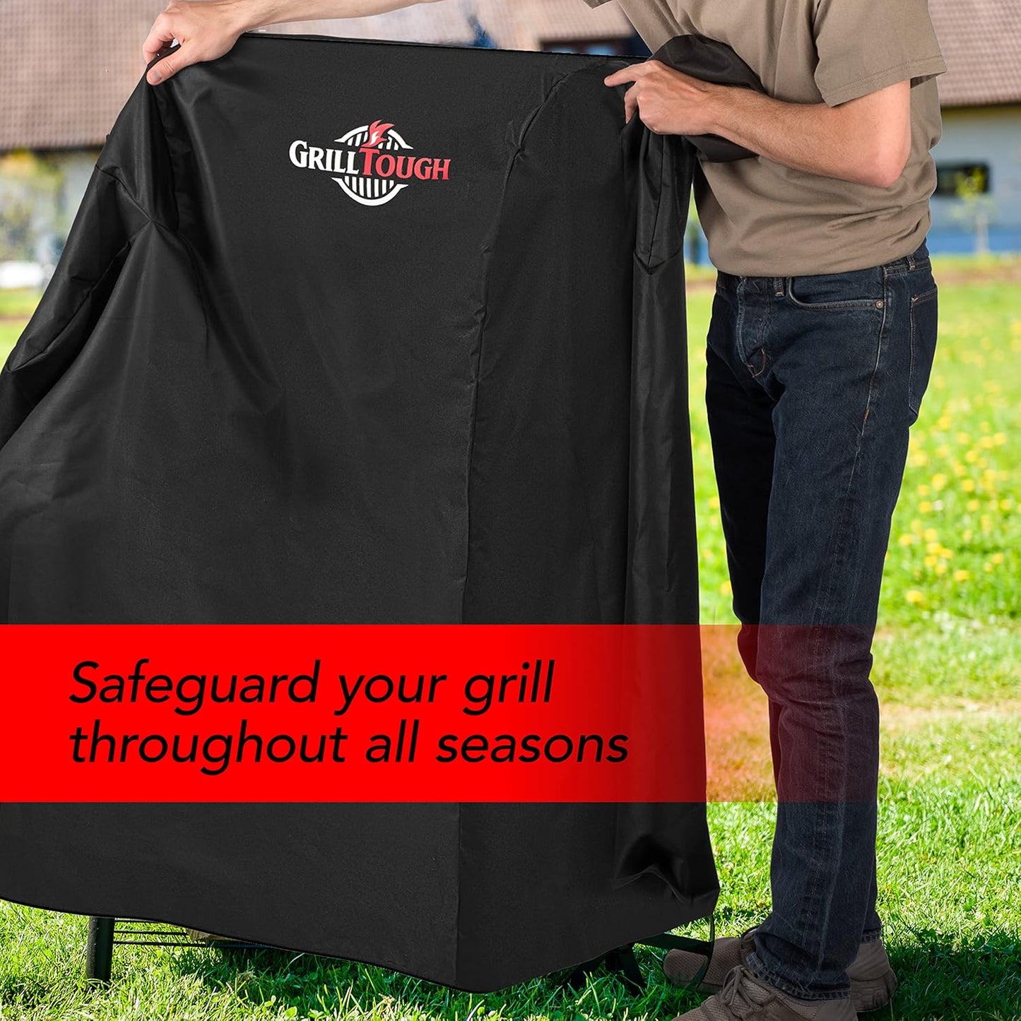 GrillTough Heavy Duty Grillabdeckung für Außengrill, 147 cm – wasserdicht, wetterbeständig, UV- & lichtbeständig mit Befestigungsriemen – Gasgrill Abdeckung für Weber, Genesis, Charbroil etc. Schwarz