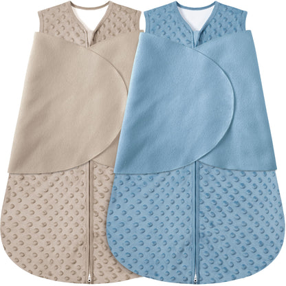BSTOPPT Fleece Newborn Sleep Sack Baby Swaddle,3-Way Adjustable Wearable Blanket,2 Pack Fleece Swaddling sleeping bag TOG 2.0， (Blue&Green, 0-3 Months)