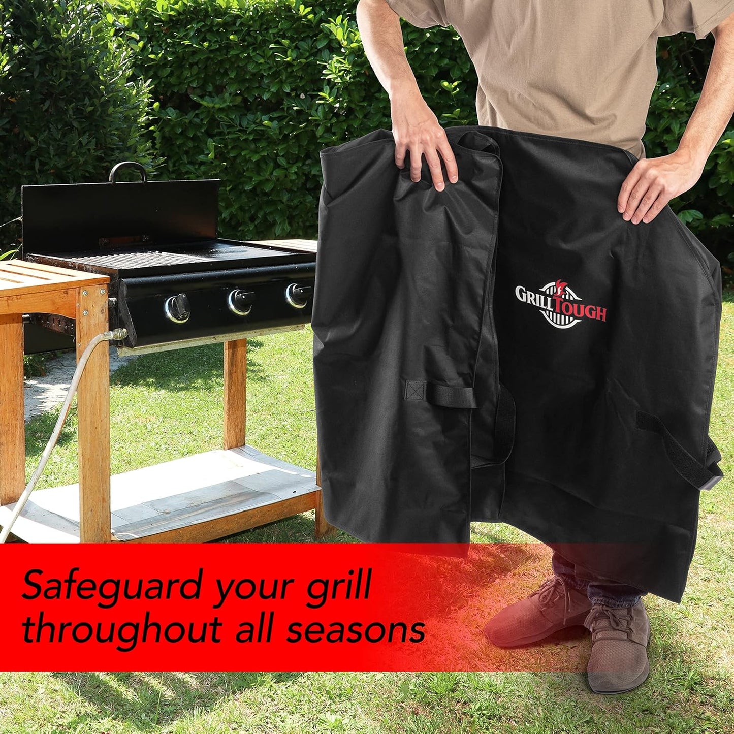 GrillTough Heavy Duty Grillabdeckung für Außengrill, 147 cm – wasserdicht, wetterbeständig, UV- & lichtbeständig mit Befestigungsriemen – Gasgrill Abdeckung für Weber, Genesis, Charbroil etc. Schwarz