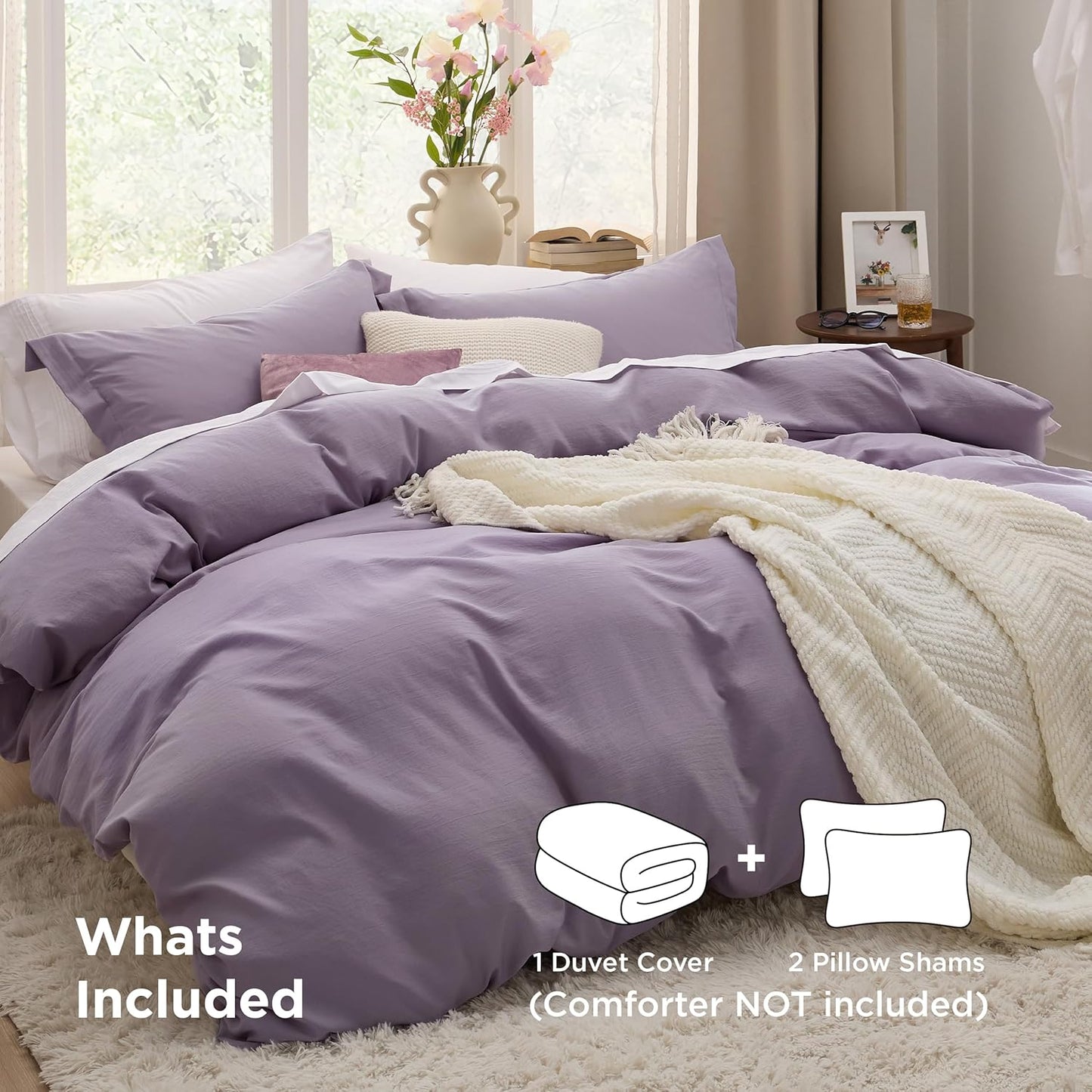 Funda nórdica blanca Bedsure, tamaño Queen, 3 piezas, aspecto de algodón prelavado, juego de cama extrasuave, incluye 1 funda nórdica de 228 x 228 cm con cierre de cremallera y 2 fundas de almohada, edredón no incluido