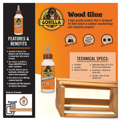 Gorilla Glue Wood Glue, Indoor & Outdoor Carpentry Projects, Paintable, Sandable, Moisture Resistant, Clamping, Natural Color, 4oz/118mL (Pack of 1), 6212001