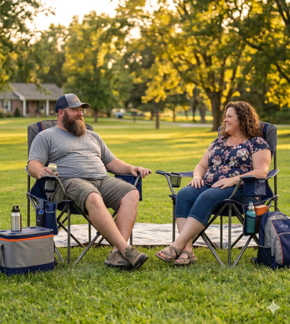 FAIR WIND Padded Camping Chair 500LBS Capacity Heavy Duty Oversized Folding Chair for Heavy People Portable Lawn Chair with Adjustable Lumbar Support, Cooler Bag & Cup Holder for Outdoor, Beach