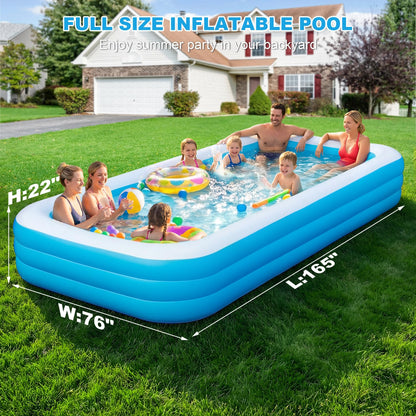 Extra Large Inflatable Pool for Adults & Kids, Family Size Blow Up Pool 165" x 76" x 22", Thickened PVC Swimming Pool with Electric Pump for Backyard Parties, Summer Fun & Outdoor Play