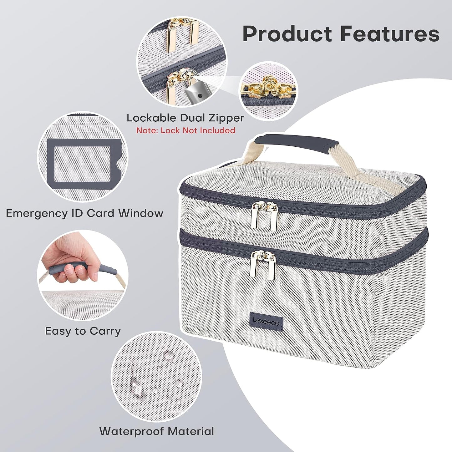 Lexeeco Medicine Bag for Traveling, Dual Layers Medicine Pill Organizer Medication Pill Bottle Storage with Lockable Zipper, Medical Supplies First Aid Kit,Home Storage for Pills, Vitamins (Dark Grey)