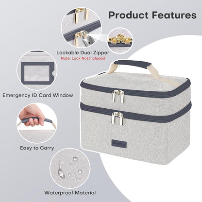 Lexeeco Medicine Bag for Traveling, Dual Layers Medicine Pill Organizer Medication Pill Bottle Storage with Lockable Zipper, Medical Supplies First Aid Kit,Home Storage for Pills, Vitamins (Dark Grey)