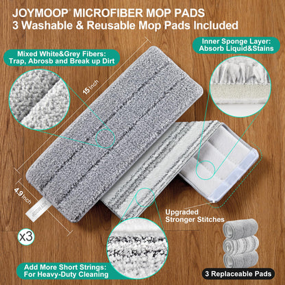 JOYMOOP Wischmopp und Eimer mit Auswringsystem, Freihand-Flachmopp und Eimer, mit 3 waschbaren Mikrofaserpads, Nass- und Trockengebrauch, Bodenreinigungssystem