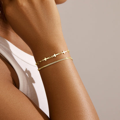 Goldarmbänder für Frauen Stapel Nicht Anlaufen, 14K Vergoldete Stapelbare Armbänder Set für Frauen Trendy, Wasserdicht Einfacher Schmuck Sets Geschenke Inklusive Perlen-/Kuban-/Büroklammer-/Fischgräten-/Seilglieder-Kette, Modeaccessoires