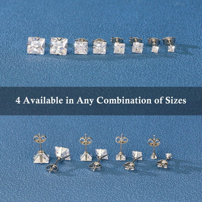 Trinckle 4 Paar Edelstahl Ohrringe, Silber Zirkonia Ohrstecker Hypoallergener Prinzessschliff Ohrstecker Set für Damen, Quadratische Ohrringe für Herren Knorpelpiercing Labordiamant Herren Schmuck Geschenke