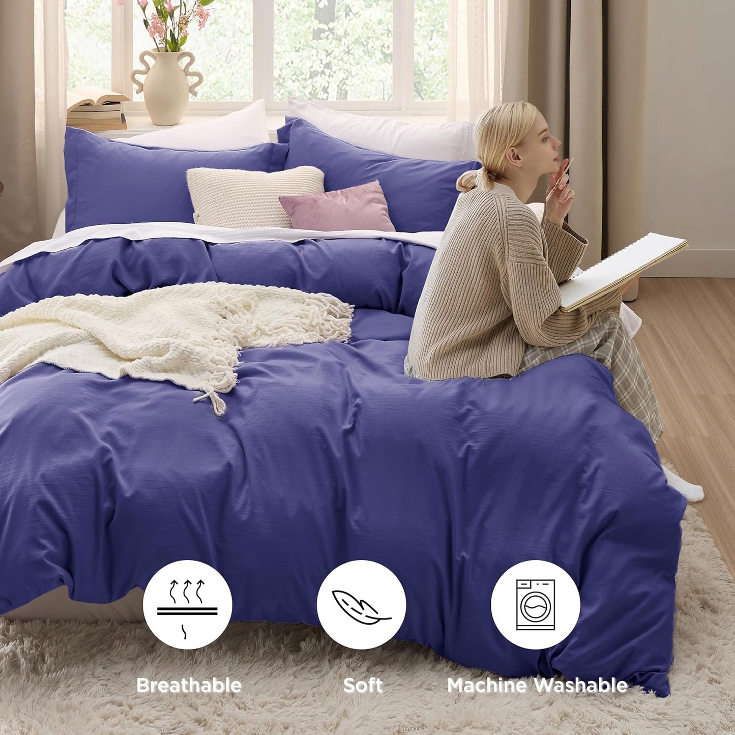 Funda nórdica blanca Bedsure, tamaño Queen, 3 piezas, aspecto de algodón prelavado, juego de cama extrasuave, incluye 1 funda nórdica de 228 x 228 cm con cierre de cremallera y 2 fundas de almohada, edredón no incluido