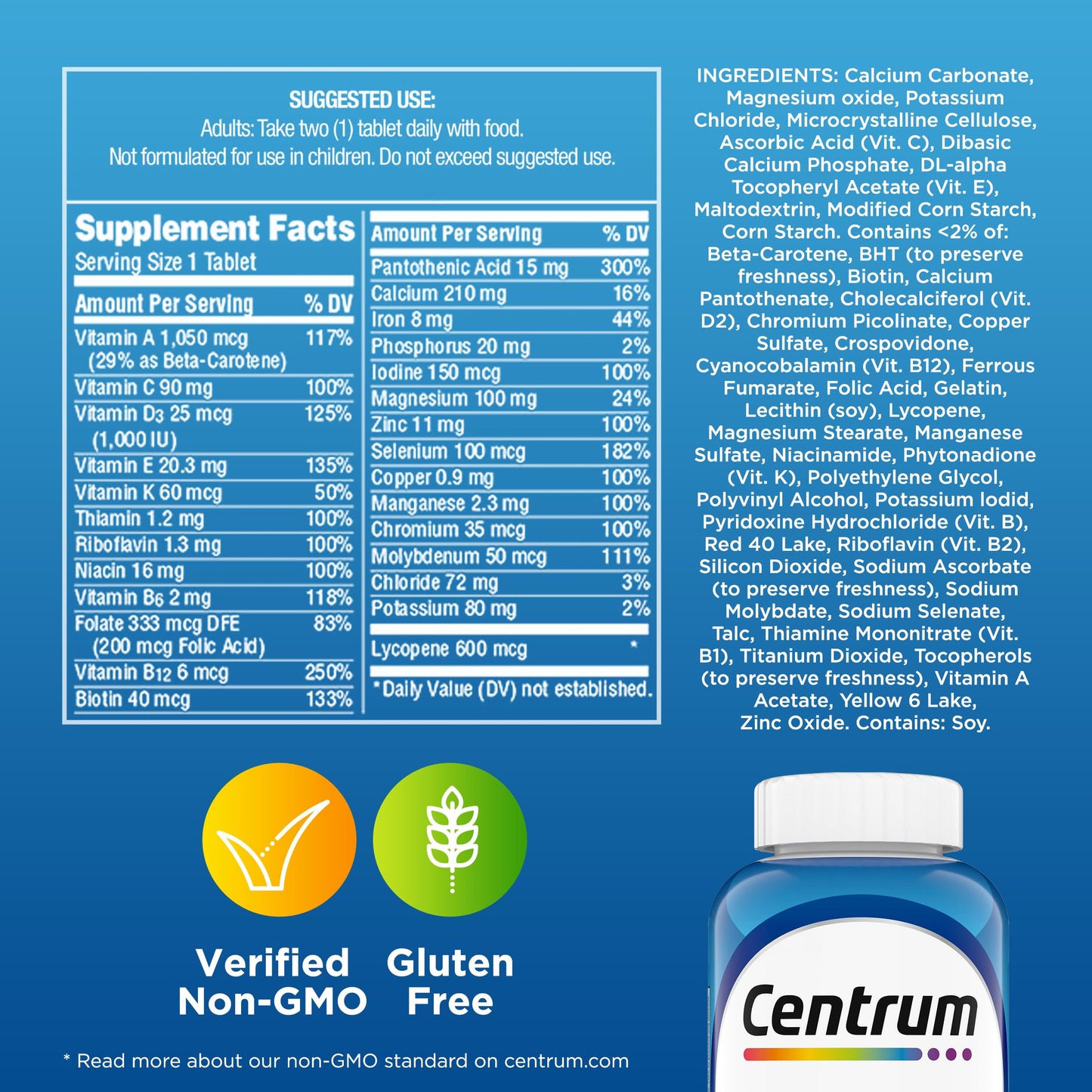 Centrum Multivitamin for Men, Multivitamin/Multimineral Supplement with Vitamin D3, B Vitamins and Antioxidants, Gluten Free, Non-GMO Ingredients -Tablet 200 Count (Pack of 12)