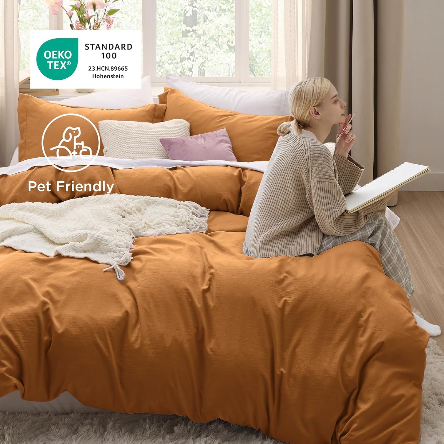 Funda nórdica blanca Bedsure, tamaño Queen, 3 piezas, aspecto de algodón prelavado, juego de cama extrasuave, incluye 1 funda nórdica de 228 x 228 cm con cierre de cremallera y 2 fundas de almohada, edredón no incluido