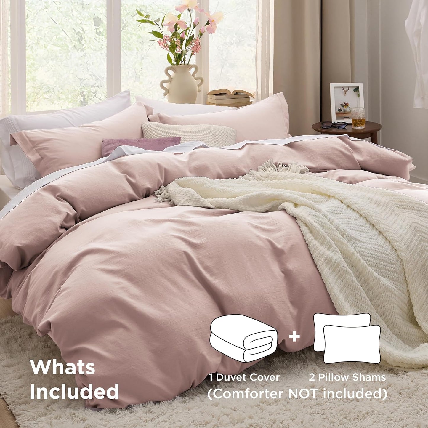 Funda nórdica blanca Bedsure, tamaño Queen, 3 piezas, aspecto de algodón prelavado, juego de cama extrasuave, incluye 1 funda nórdica de 228 x 228 cm con cierre de cremallera y 2 fundas de almohada, edredón no incluido