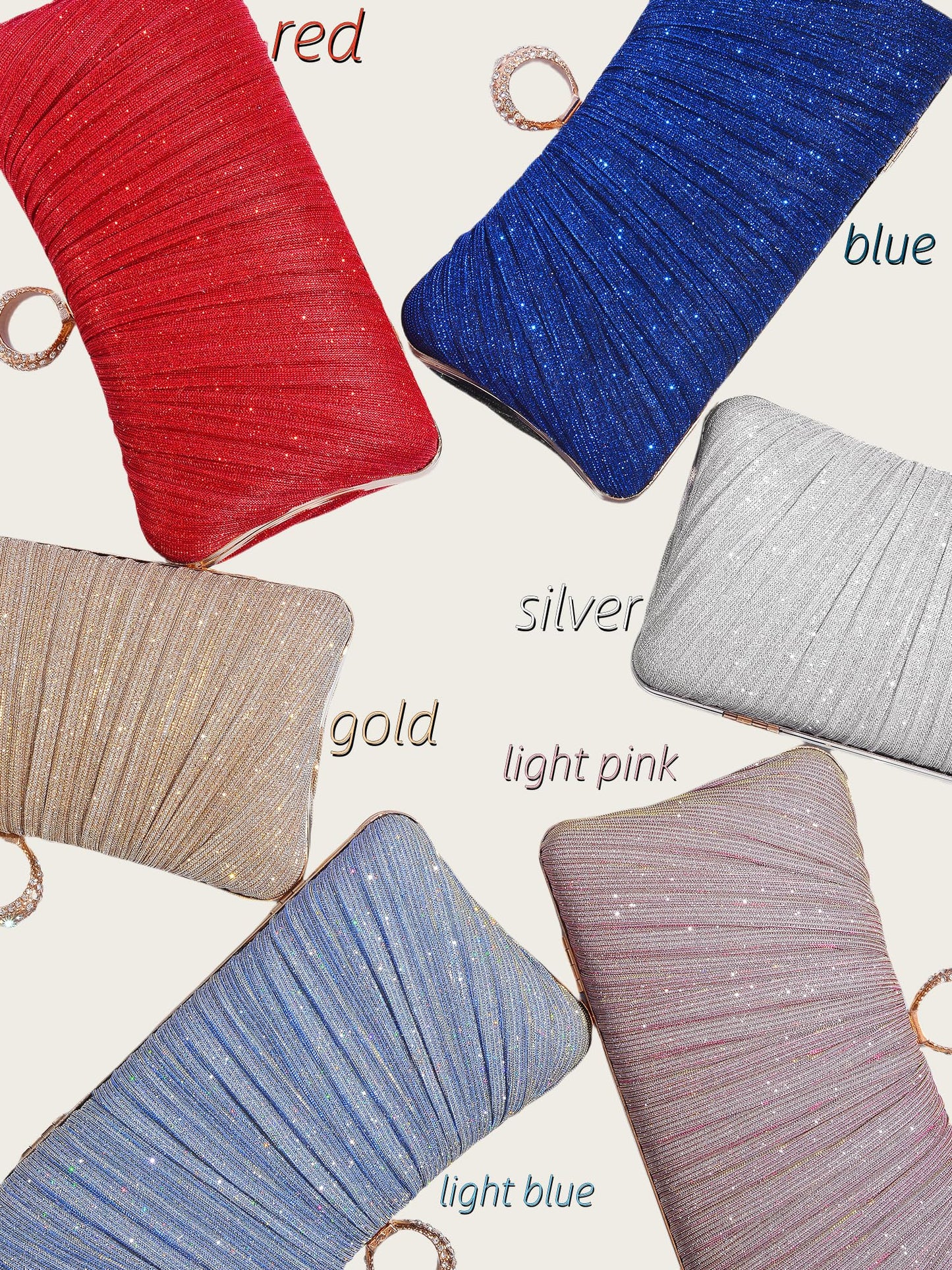 Damen Gold Glitzer Clutch Handtasche Plissierte Abendtasche für Braut Hochzeit Party mit Strassring