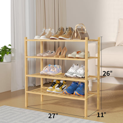 ROMGUAR CRAFT 3 Tier Bamboo Shoe Rack for Closet Free Standing Wood Shoe Shelf Storage Organizer for Entryway Small Space Stackable 27"x11"x20" (Natural)