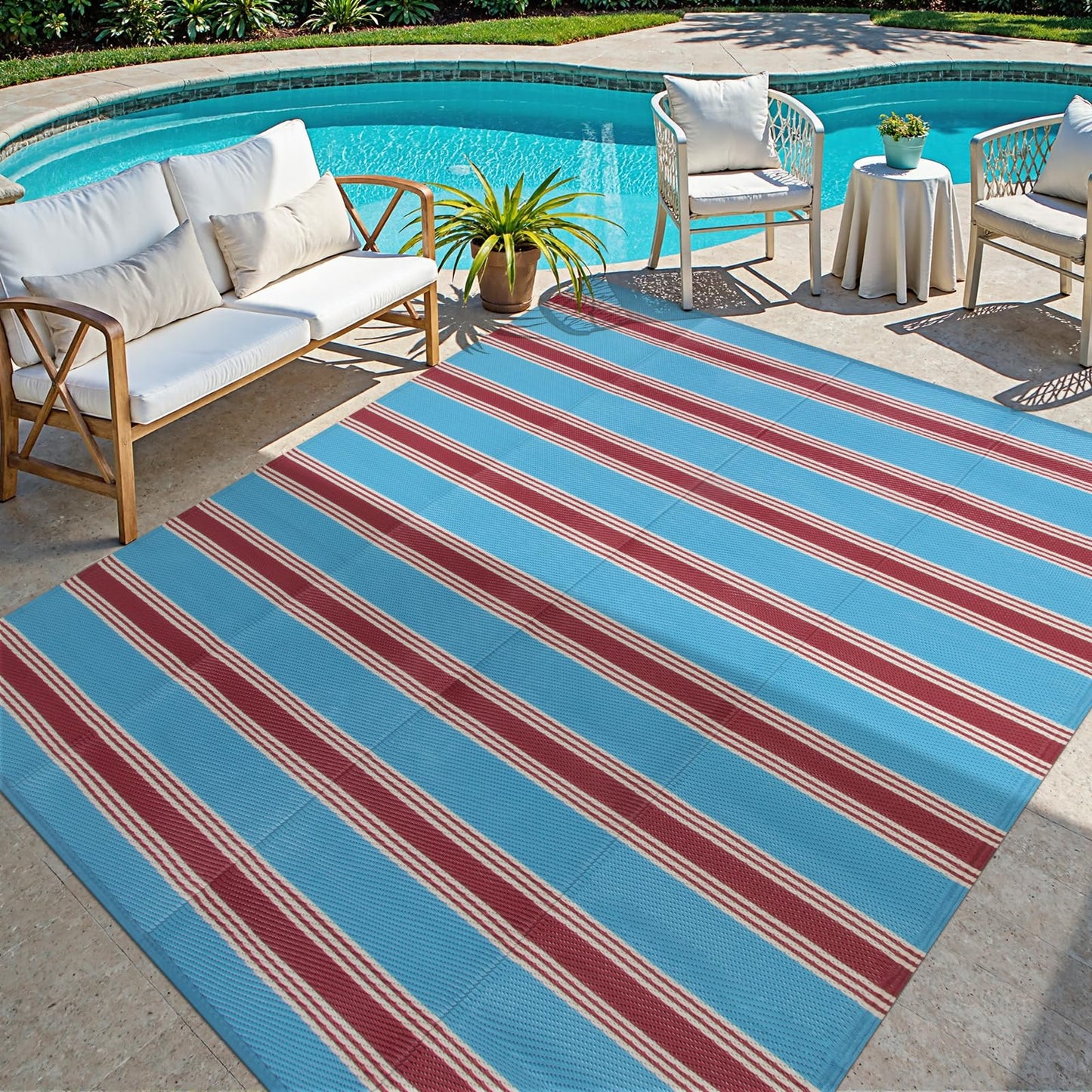 Lahome Outdoor Rugs 8x10 Waterproof, Reversible Outdoor Plastic Straw Rug for Camping Patio, RV Outdoor Rugs Outside, Outdoor Carpet for Porch Deck Backyard Picnic(Blue/Yellow,8'x 10')