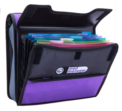 Med Manager Medicine Organizer and Portable Medical Binder, Holds (15) Pill Bottles - (11) Standard Size and (4) Large Bottles, Includes Removable 5-Tab File Folder, Black, 14 x 14 x 4 inches