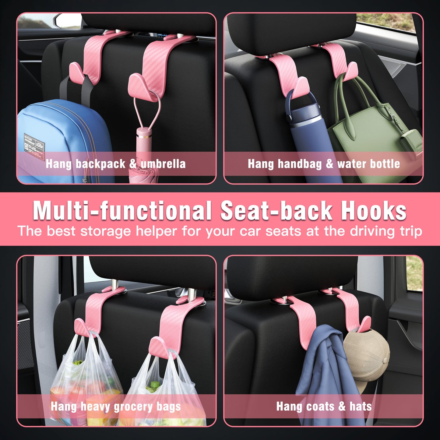 Amooca 4-Pack Car Headrest Hooks Vehicle Storage Organizer for Purses Handbags Groceries Backpack Coats –Holds 55lbs 360° Rotating Black