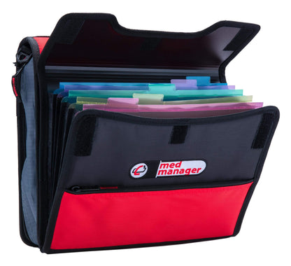 Med Manager Medicine Organizer and Portable Medical Binder, Holds (15) Pill Bottles - (11) Standard Size and (4) Large Bottles, Includes Removable 5-Tab File Folder, Black, 14 x 14 x 4 inches
