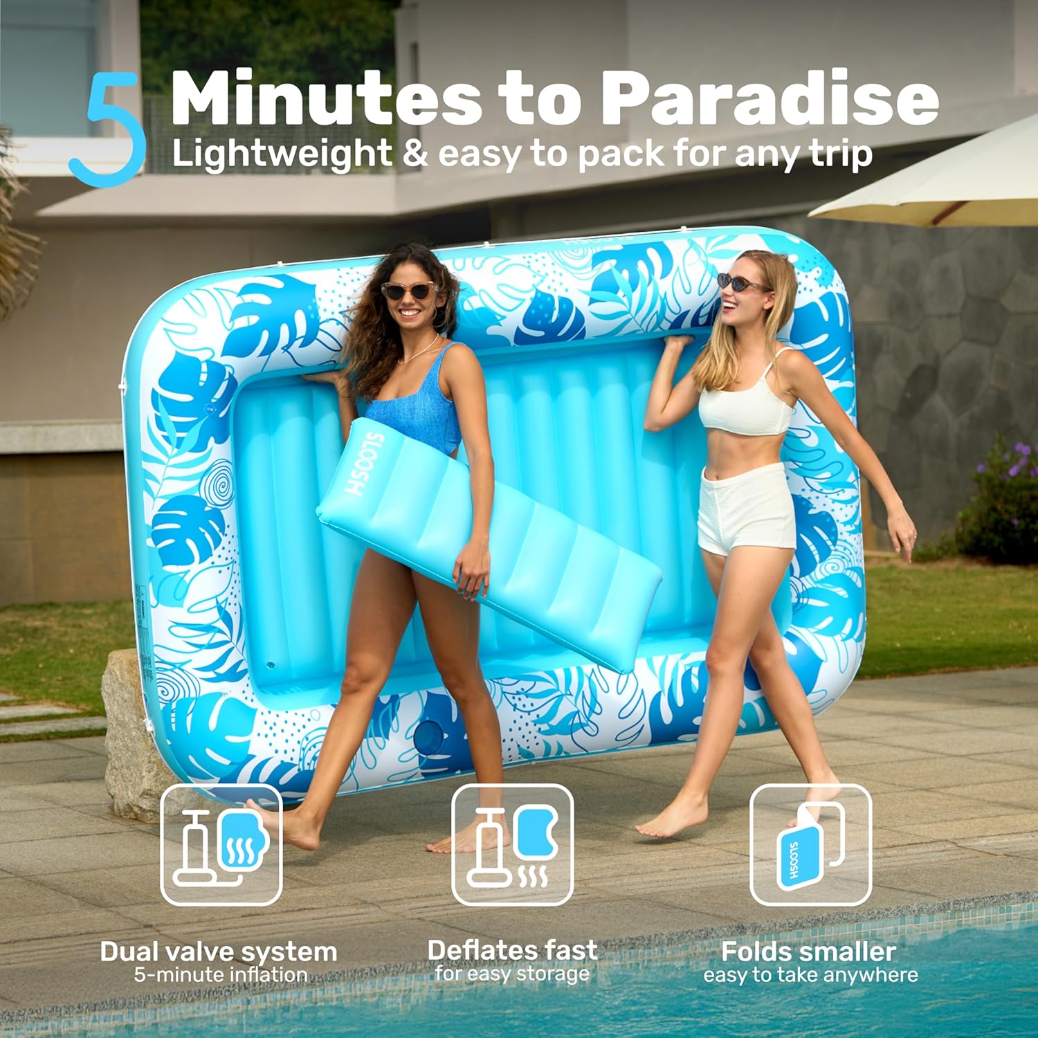 SLOOSH Inflatable Tanning Pool Lounger Float, 85" x 57" Extra Large Pool Floats Adult with Pillow, 4 in 1 Suntan Tub Raft Floatie,Sunbathing Bed Lounge for Water Blow Up Ball Pit Party Gifts, XL-Blue