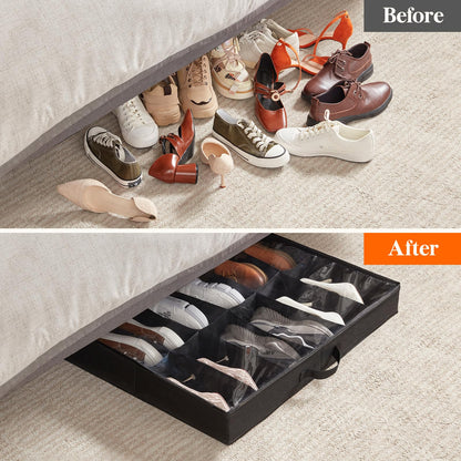 Lifewit Under Bed Shoe Storage Organizer 2 Pack(12 Shoes Cells), 4.3 Inches Profile Fabric Shoes Container Box with Clear Cover, Foldable Storage Bag with 2 Handles, Fits 12 to 24 Pairs