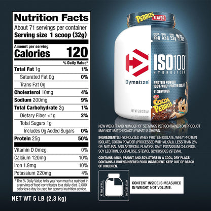 Dymatize x Cocoa Pebbles ISO100 Whey Protein Powder Isolate, 25g of Protein, 5.5g BCAAs, 120 Cal., Gluten Free, 1g Fat, 1g Sugar, 2g Carb (71 Servings) (Pack of 6)