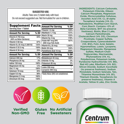 Centrum Silver Multivitamin for Adults 50 Plus, Multivitamin/Multimineral Supplement, Vitamin D3, B Vitamins, Gluten Free, Non-GMO Ingredients, Supports Memory and Cognition in Older Adults - 220 Ct