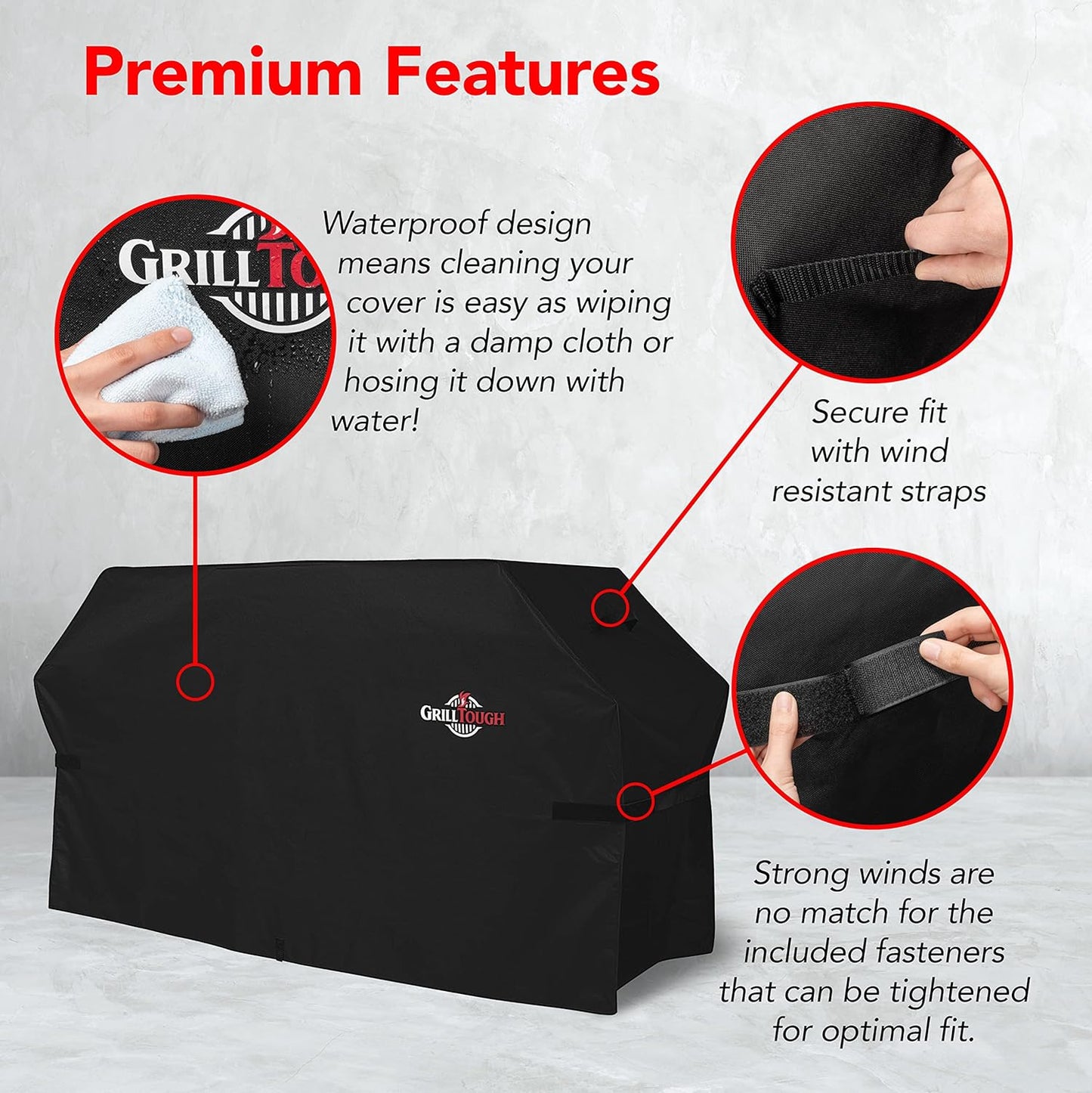 GrillTough Heavy Duty Grillabdeckung für Außengrill, 147 cm – wasserdicht, wetterbeständig, UV- & lichtbeständig mit Befestigungsriemen – Gasgrill Abdeckung für Weber, Genesis, Charbroil etc. Schwarz