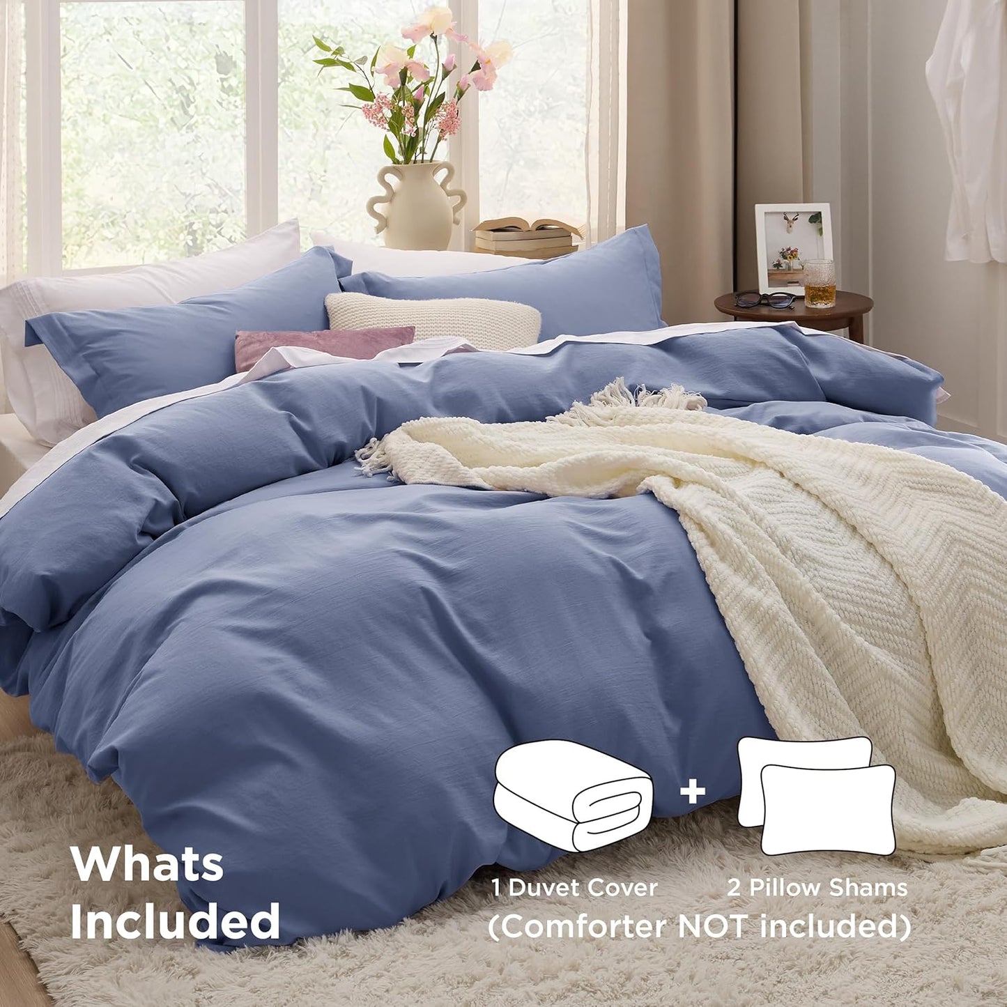 Funda nórdica blanca Bedsure, tamaño Queen, 3 piezas, aspecto de algodón prelavado, juego de cama extrasuave, incluye 1 funda nórdica de 228 x 228 cm con cierre de cremallera y 2 fundas de almohada, edredón no incluido