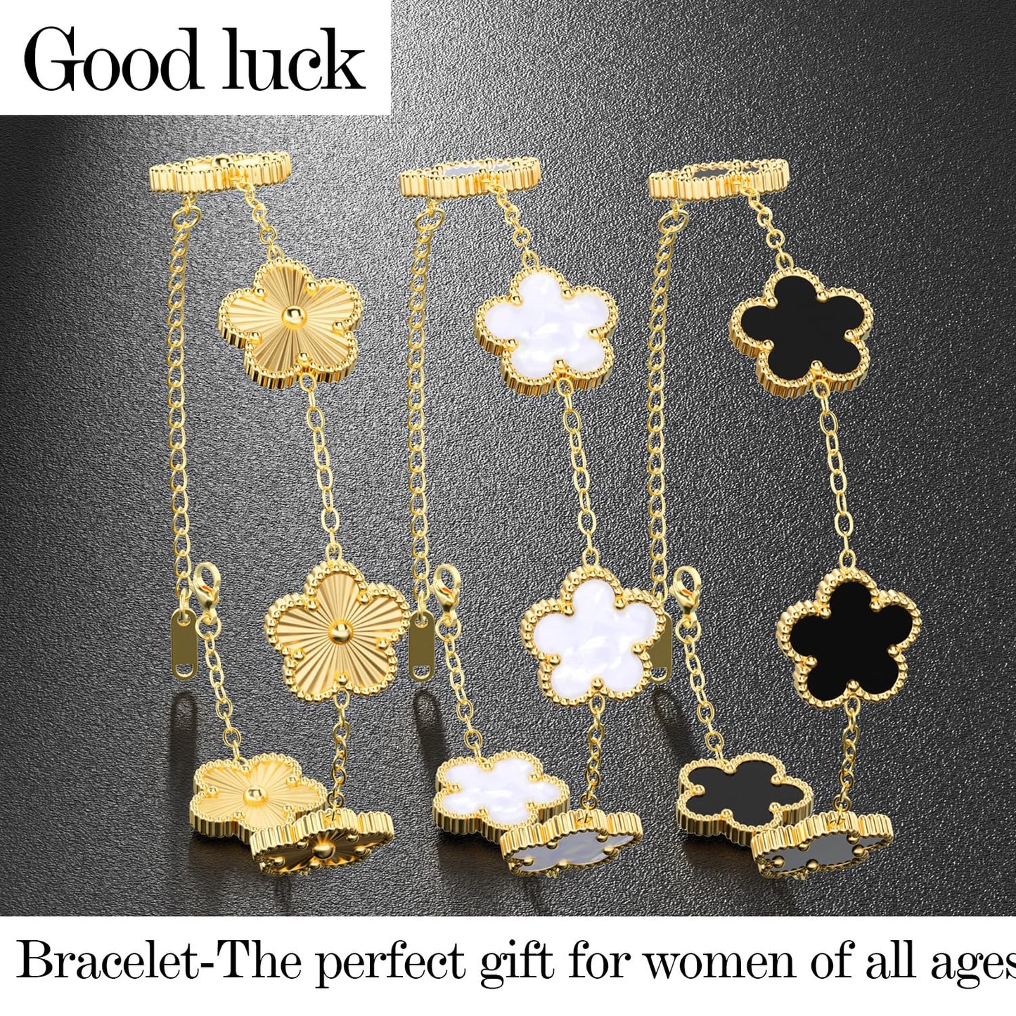 AICase 18K Gold Plated Clover Bracelet Dupes Gold/White/Black Bracelet Set for Women Flower Leaf Lucky Clover Bracelets Trendy Jewelry Birthday Gifts for Women/MoM/Friends
