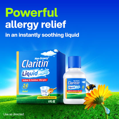 Claritin® Liquid, Allergy Medicine for Adults, 24-Hour Non-Drowsy Loratadine 5mg, Antihistamine, Cooling Honey Flavored, 8 fl. oz (Pack of 2)