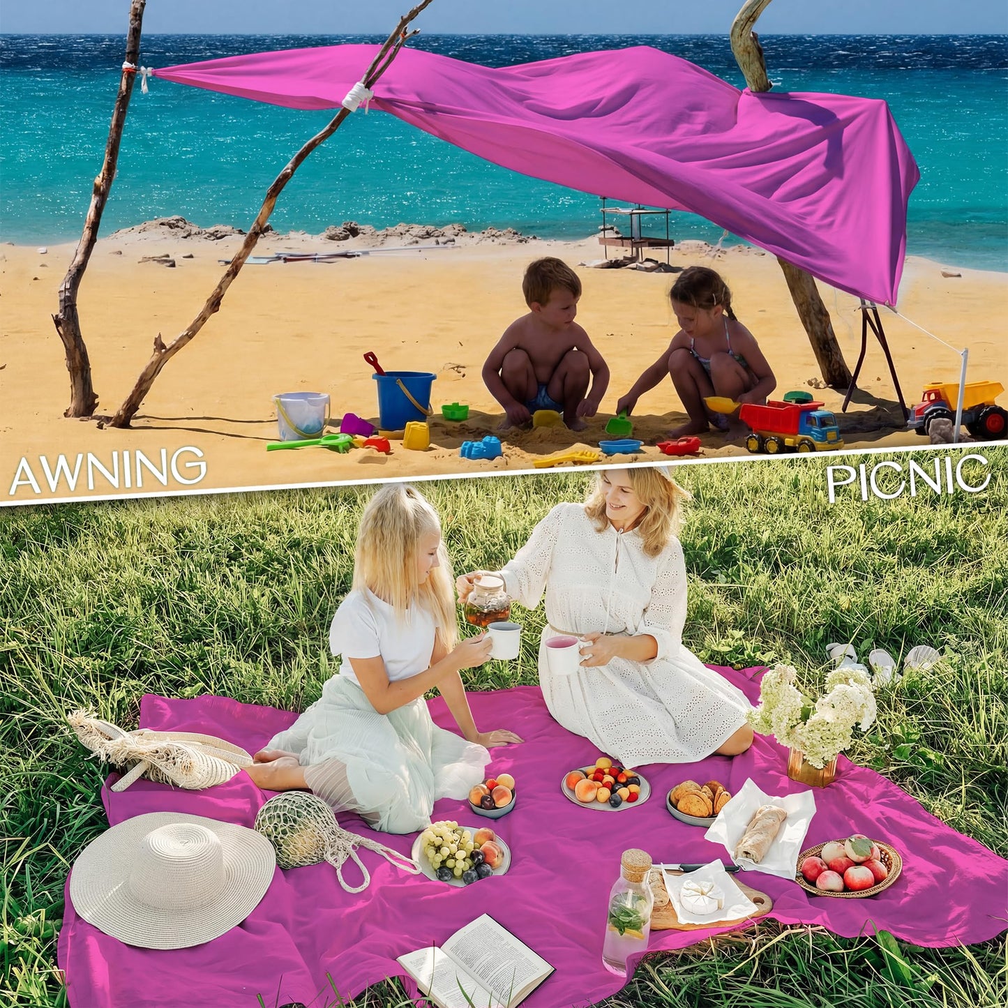 BYDOLL Beach Blanket Waterproof Sandproof Large Sand Free,78''X81''/10'X9' Oversized Sandless Lightweight Blanket Picnic Mat for Beach Travel Camping Hiking with Stakes