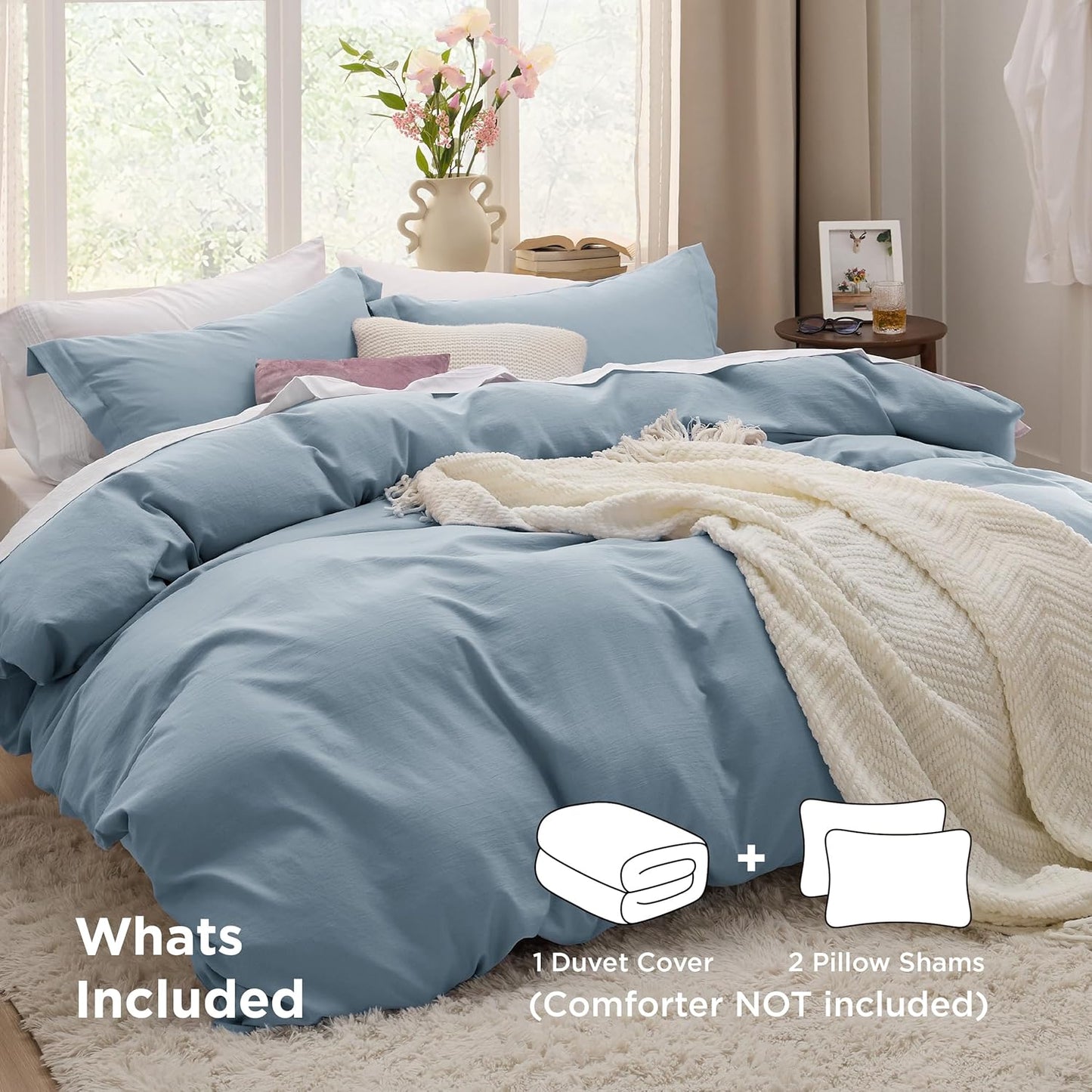 Funda nórdica blanca Bedsure, tamaño Queen, 3 piezas, aspecto de algodón prelavado, juego de cama extrasuave, incluye 1 funda nórdica de 228 x 228 cm con cierre de cremallera y 2 fundas de almohada, edredón no incluido