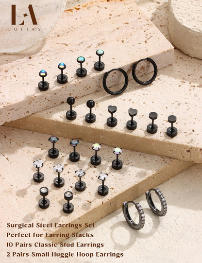 LOLIAS Hypoallergenic Flat Back Earrings for Women-Surgical Steel Earrings for Sensitive Ears 20G Stainless Steel Earring Stacks Small Flatback Stud Hoop Cartilage Earring