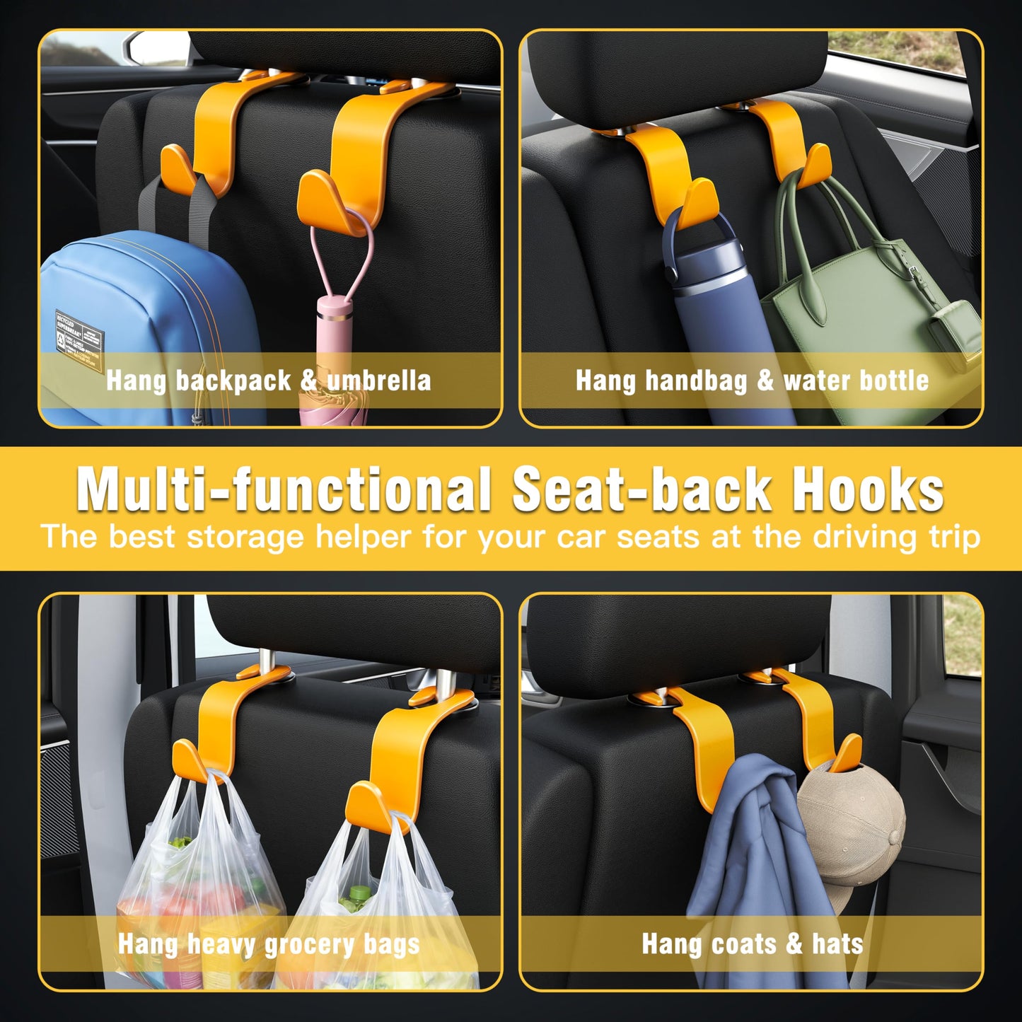 Amooca 4-Pack Car Headrest Hooks Vehicle Storage Organizer for Purses Handbags Groceries Backpack Coats –Holds 55lbs 360° Rotating Black
